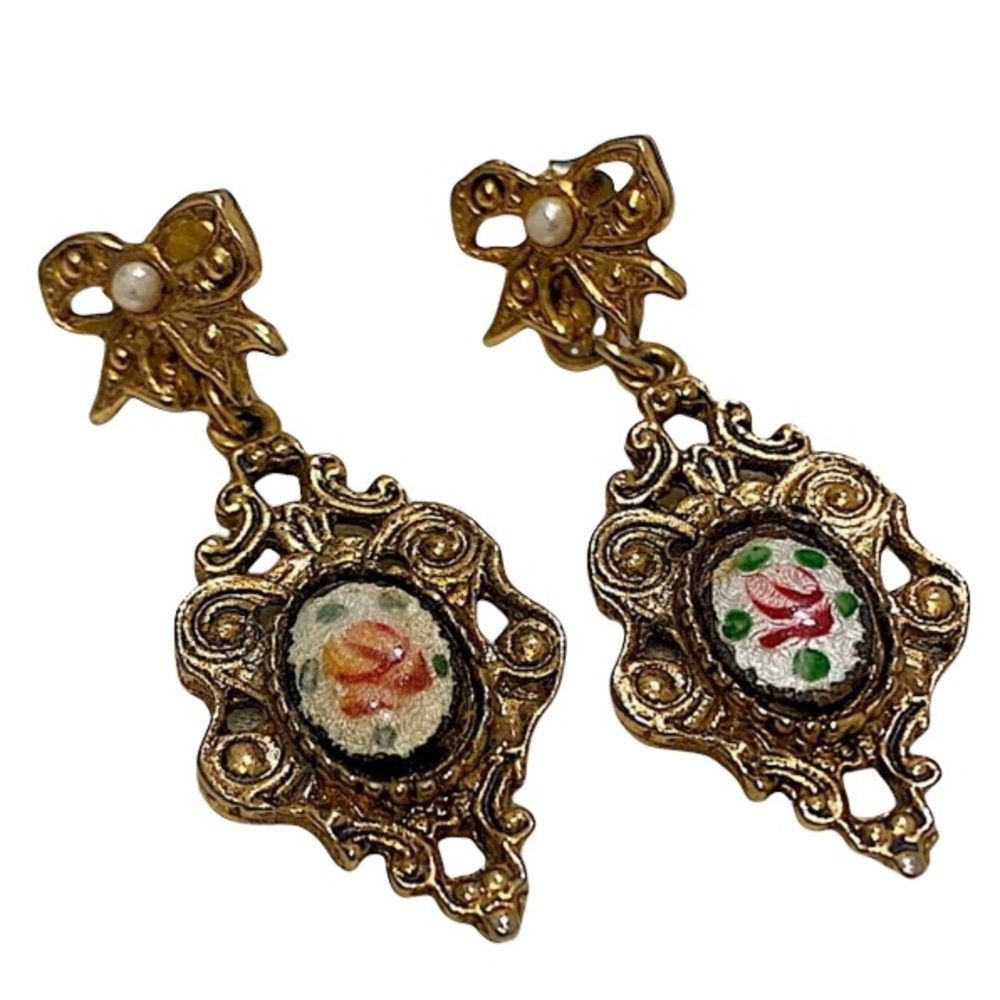 Vintage Gold Guilloché Enamel And Pearl Earrings
